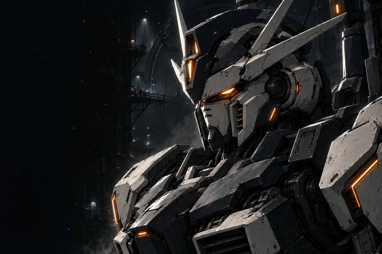 Anime-Mecha mit dunkler Metallpanzerung und orange leuchtenden Augen